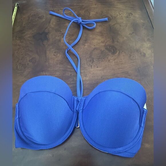 Shade & Shore Women's Lightly Lined Ribbed Halter Bikini Top Royal Blue NWT 32DD - Picture 4 of 9